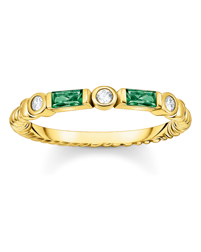 Thomas Sabo Damen Bandring Kordel mit grünen und weißen Steinen vergoldet, Sterlingsilber Gelbgold vergoldet Gelbgoldfarben