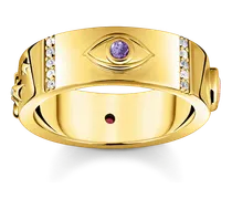Ring mit kosmischen Symbolen und bunten Steinen vergoldet