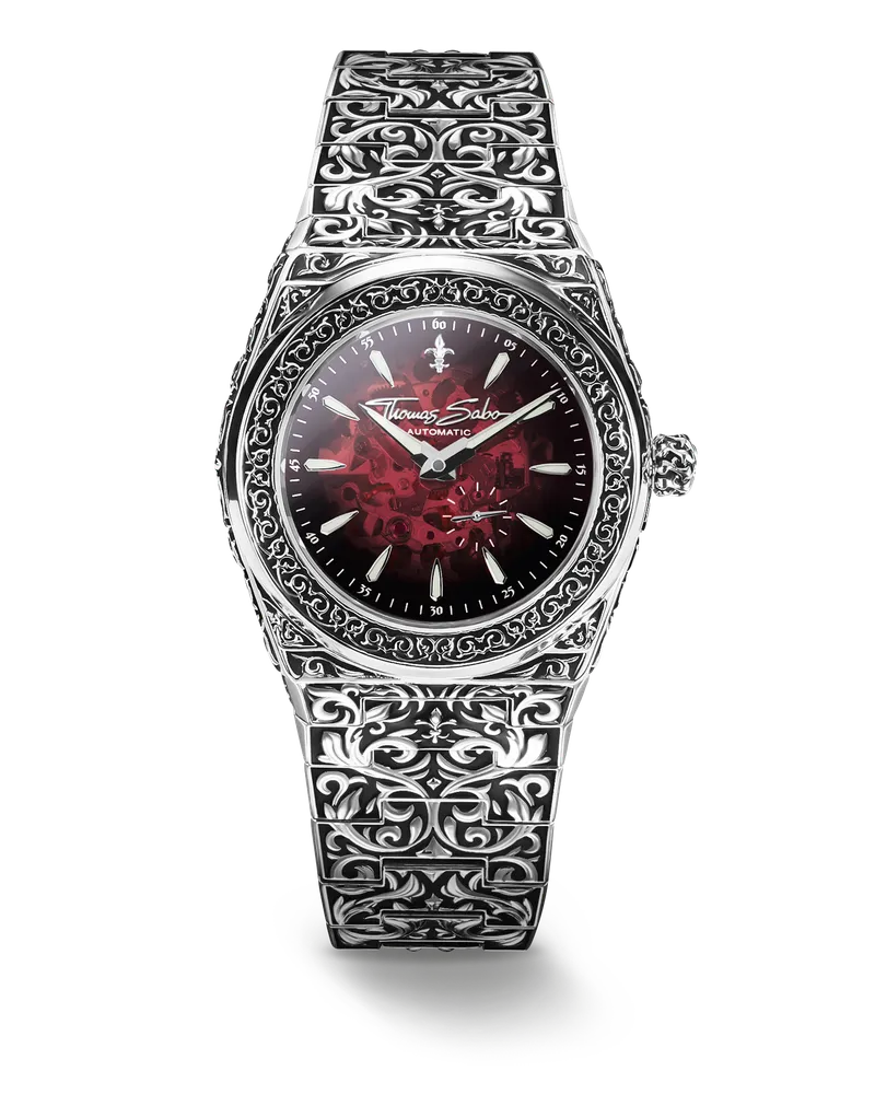 Thomas Sabo Herren Uhr Rebel at Heart Revive Automatik 42mm Edelstahl Rot Silber, Edelstahl Rot