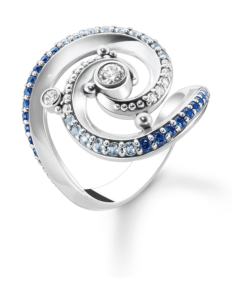 Thomas Sabo Damen Ring Welle mit blauen Steinen, Sterlingsilber Dunkelblau