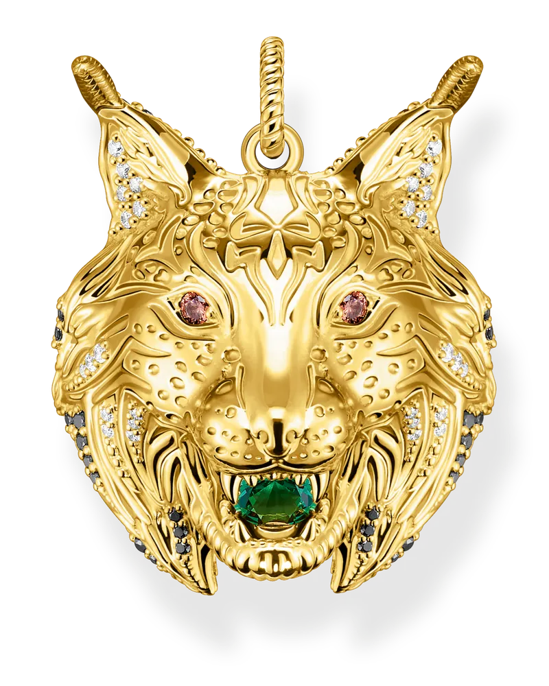 Thomas Sabo Herren Anhänger Luchskopf vergoldet, Sterlingsilber Gelbgold vergoldet Braun