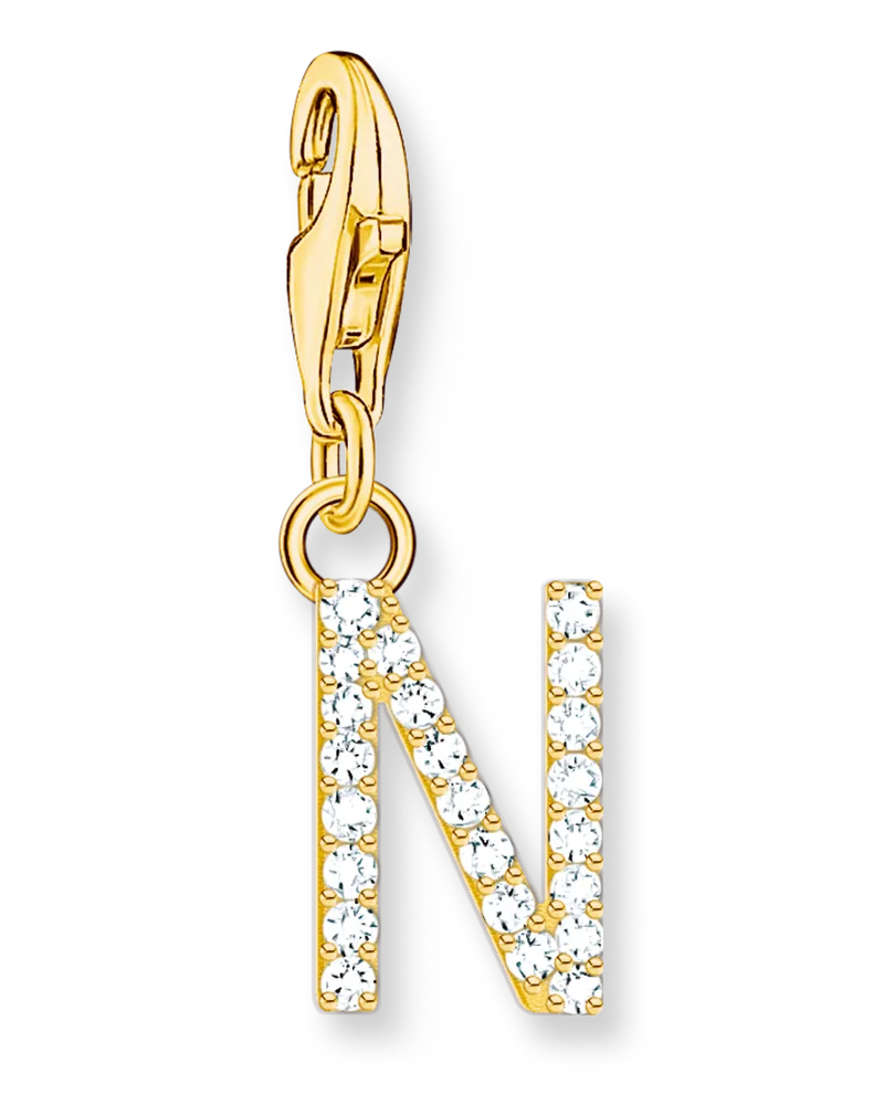 Thomas Sabo Damen Charm-Anhänger Buchstabe N mit weißen Steinen vergoldet, Sterlingsilber Gelbgold vergoldet, Charm Club Collection Gelbgoldfarben