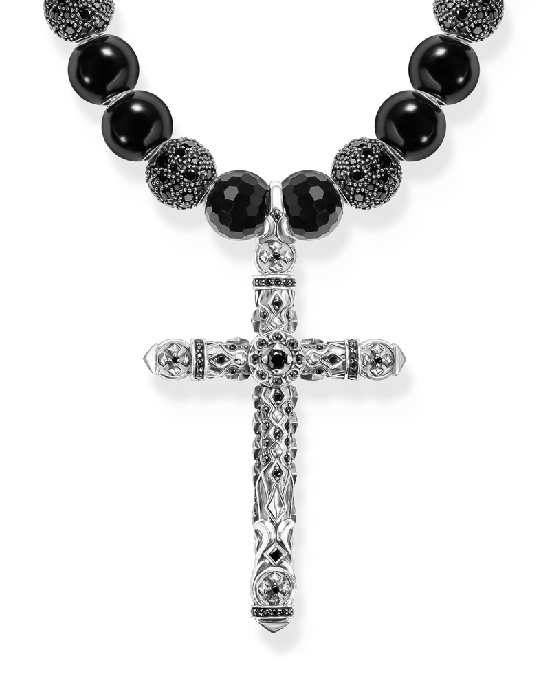 Thomas Sabo Herren Kette aus schwarzen Beads mit Kreuzanhänger Silber geschwärzt, Sterlingsilber Schwarz
