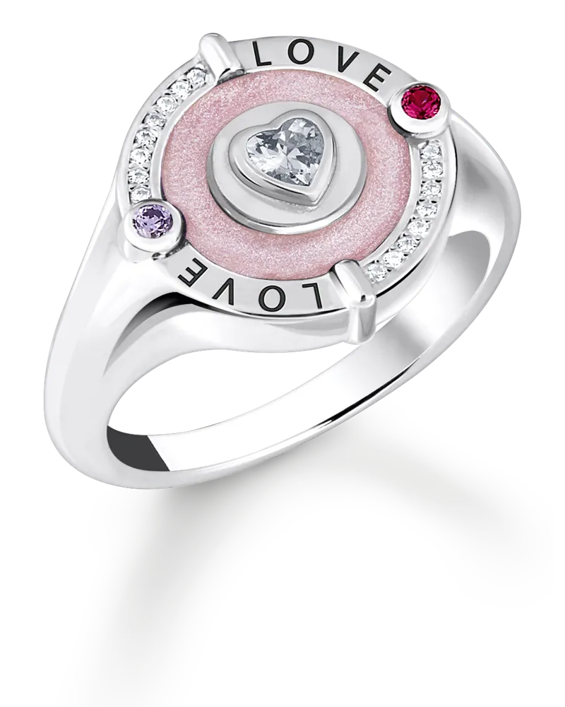 Thomas Sabo Damen Siegelring mit Herz und Steinen Silber, 925 Sterlingsilber geschwärzt/ Kaltemail/ synthetischer Korund/ Zirkonia Pink
