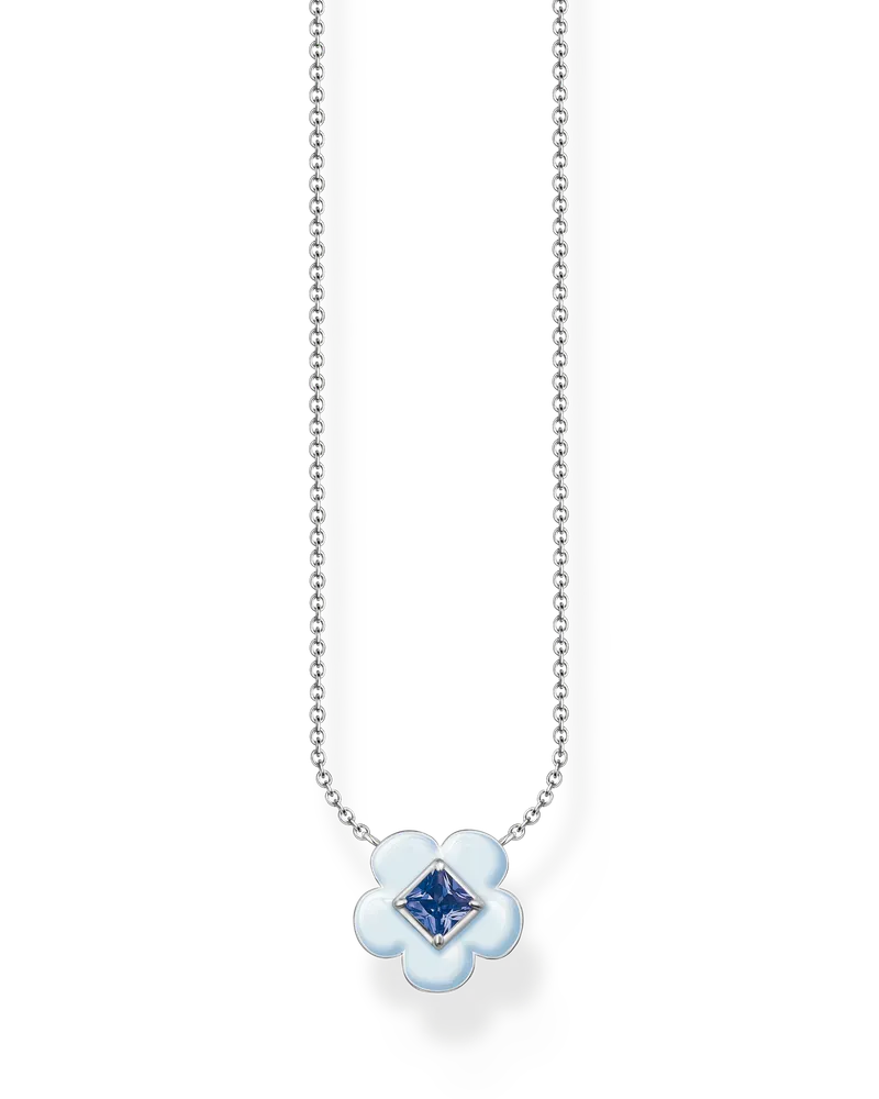Thomas Sabo Damen Kette Blume mit blauem Stein Silber, 925 Sterlingsilber/ Kaltemail/ Glas-Keramik Stein, Charming Collection Dunkelblau