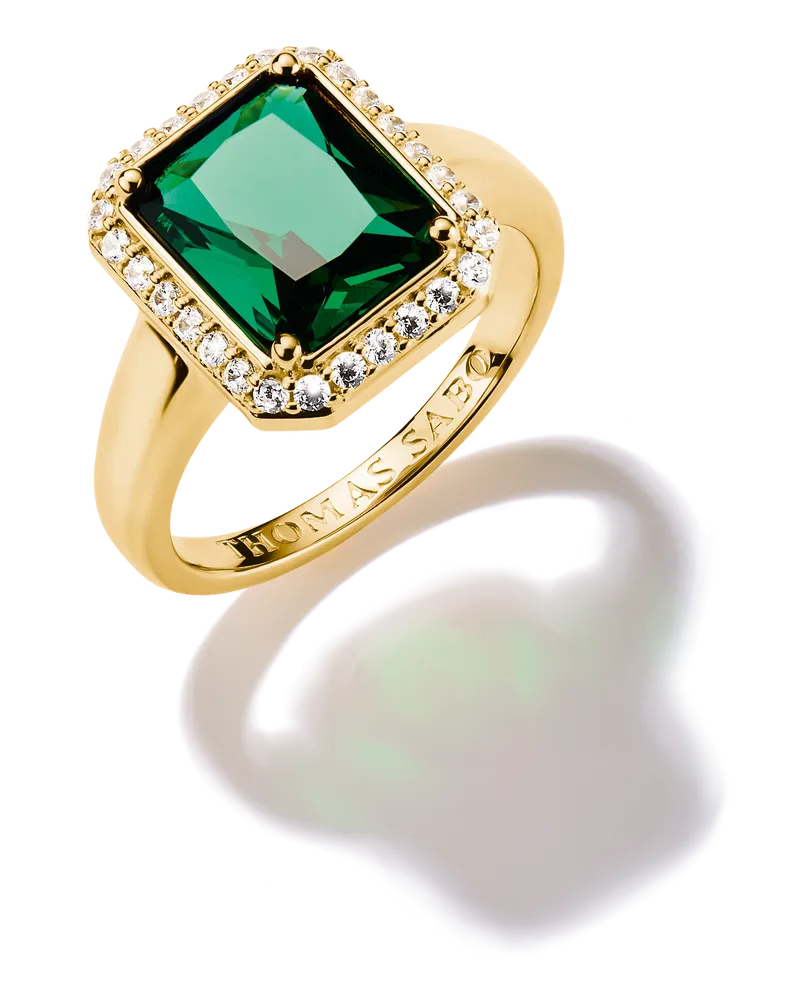 Thomas Sabo Damen Ring mit Grünem Oktagon-Stein 18k Vergoldung, Sterlingsilber Gelbgold vergoldet Gelbgoldfarben