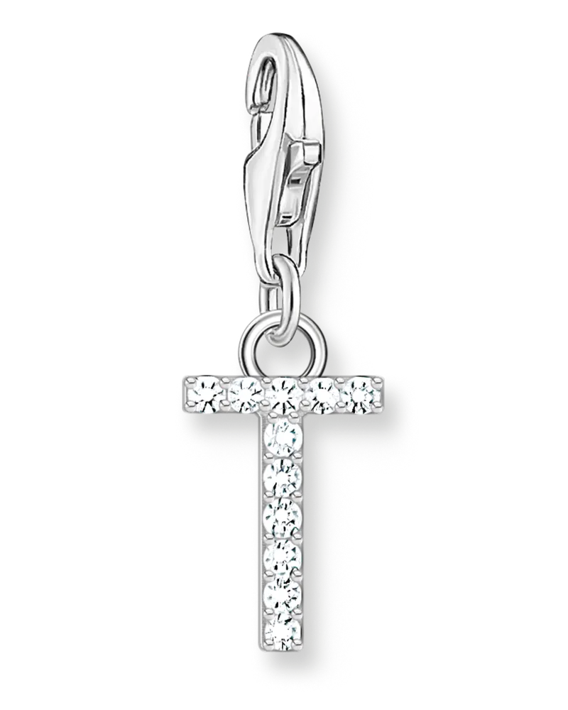 Thomas Sabo Damen Charm-Anhänger Buchstabe T mit weißen Steinen Silber, Sterlingsilber, Charm Club Collection Silberfarben