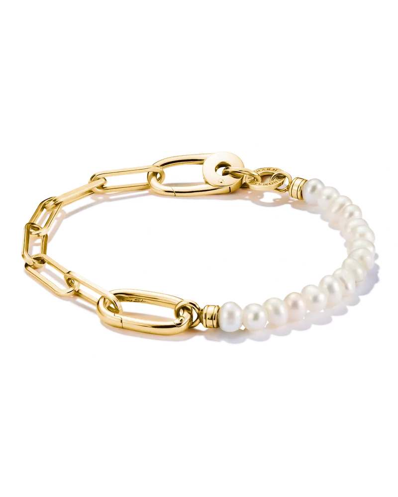 Thomas Sabo Damen Charm-Armband Paperclip und Perlen mit einem Connect Link vergoldet, Sterlingsilber Gelbgold vergoldet Gelbgoldfarben