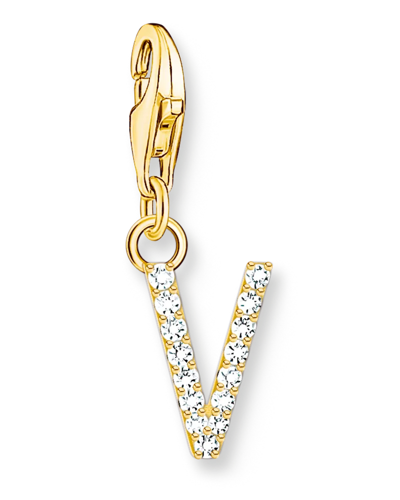 Thomas Sabo Damen Charm-Anhänger Buchstabe V mit weißen Steinen vergoldet, Sterlingsilber Gelbgold vergoldet, Charm Club Collection Gelbgoldfarben