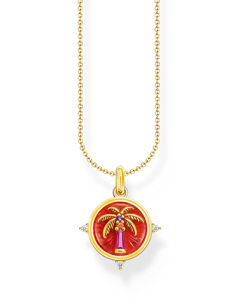 Thomas Sabo Damen Kette mit Palmen-Anhänger und bunten Steinen vergoldet, 925 Sterlingsilber vergoldet Gelbgold/ Glas-Keramik Stein/ Kaltemail/ synthetischer Korund/ Zirkonia, Charming Collection Blau