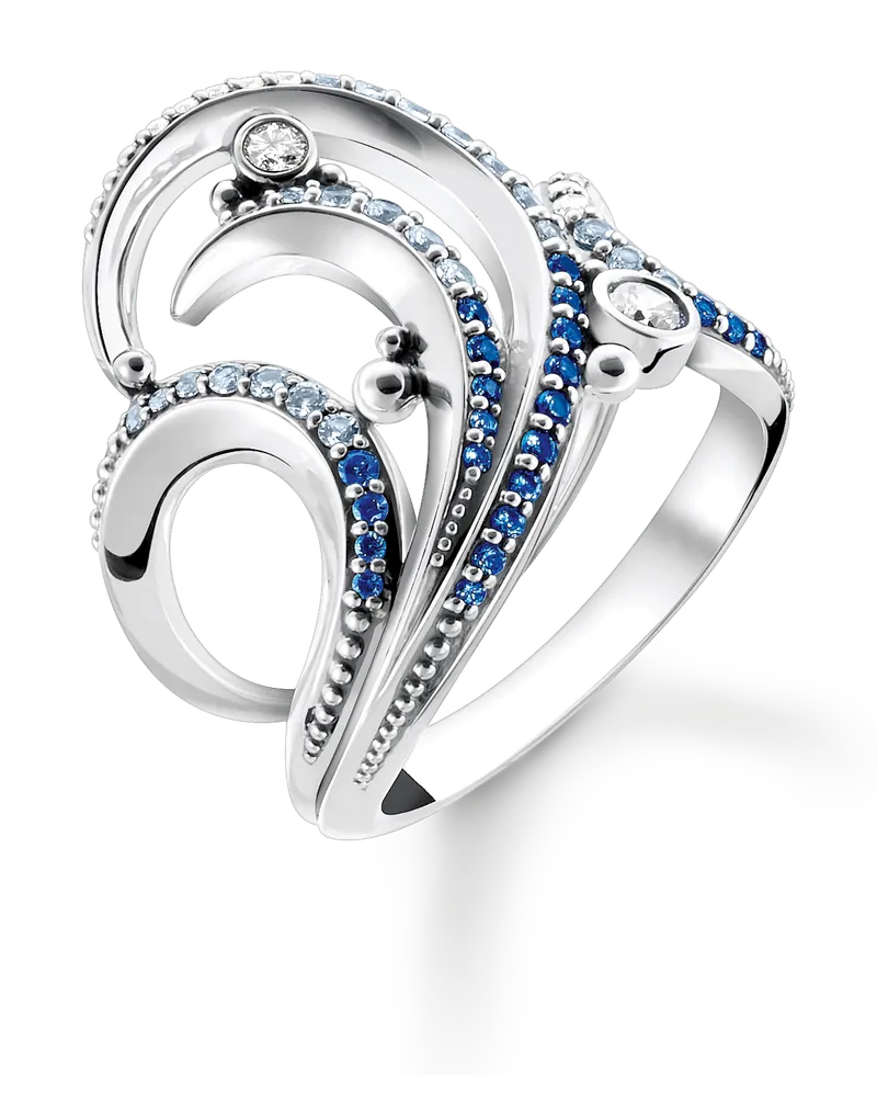Thomas Sabo Damen Ring Welle mit blauen Steinen, Sterlingsilber Dunkelblau