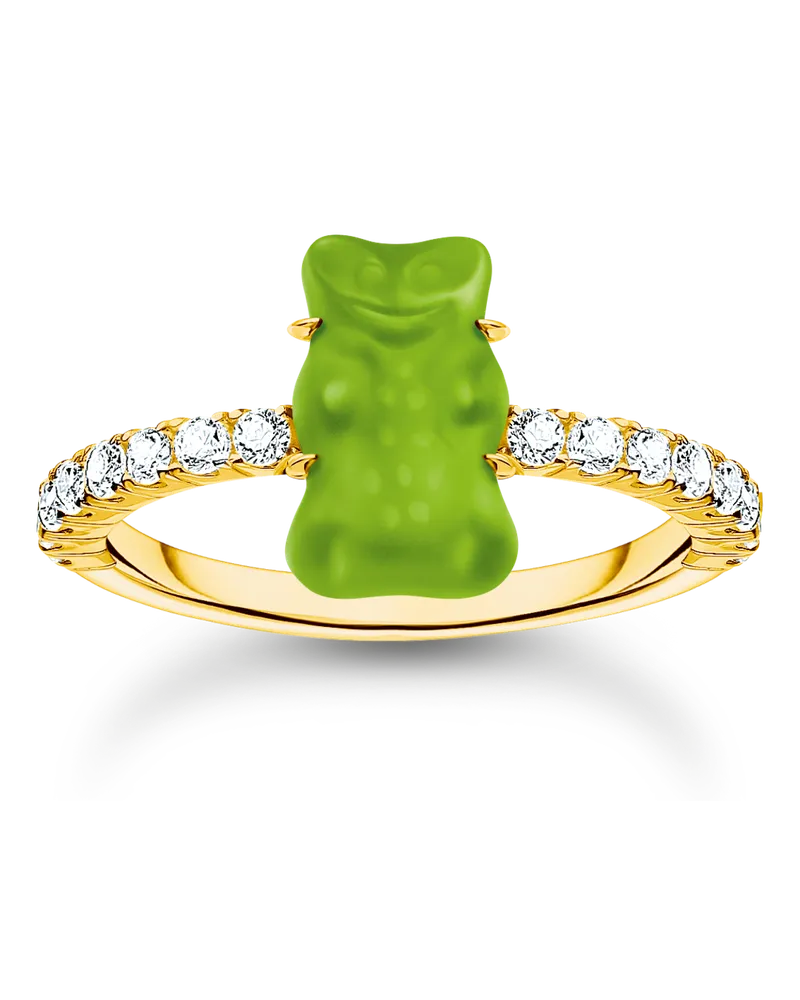 Thomas Sabo Damen Ring mit grünem Mini-Goldbären und Steinen vergoldet, Sterlingsilber Gelbgold vergoldet Gelbgoldfarben