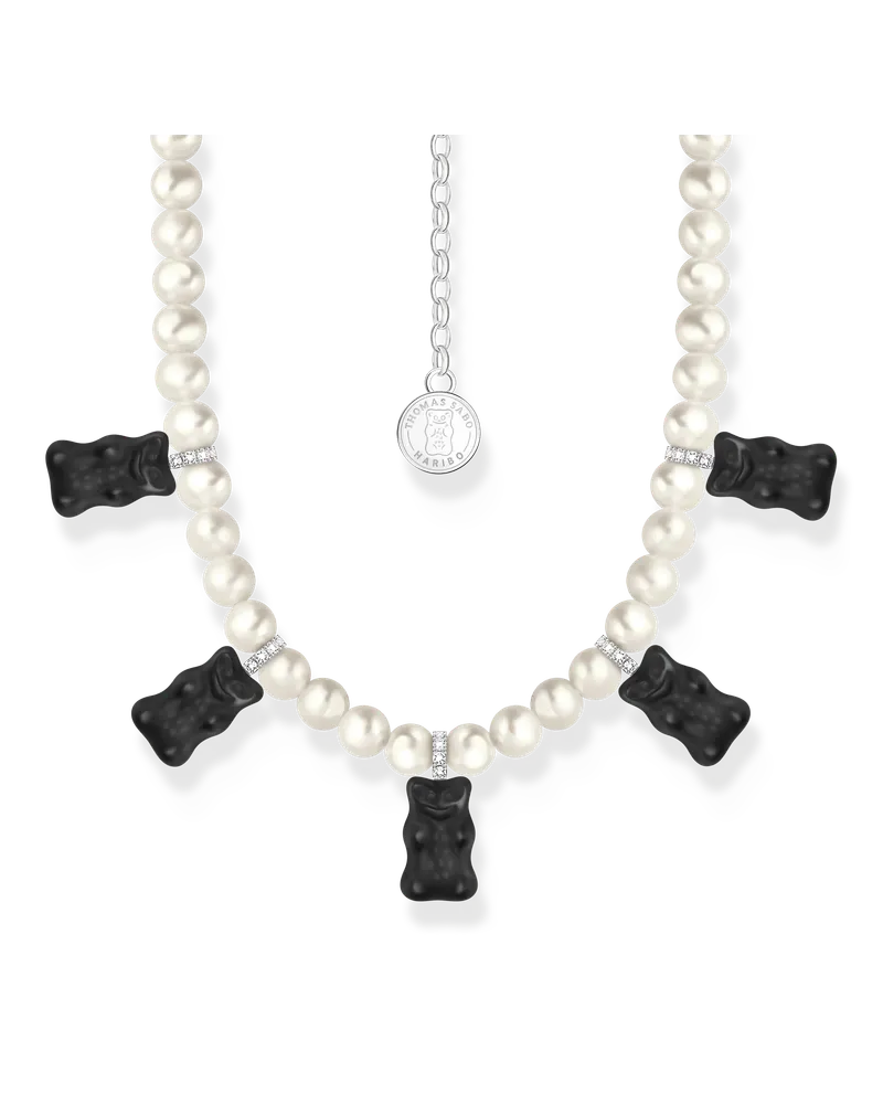 Thomas Sabo Damen Perlenkette mit 5 schwarzen Goldbären Silber, Sterlingsilber / Glas Schwarz