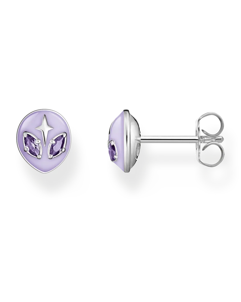 Thomas Sabo Damen Ohrstecker Alienkopf mit Kaltemaille und violetten Steinen Silber, Sterlingsilber, Charming Collection Silberfarben