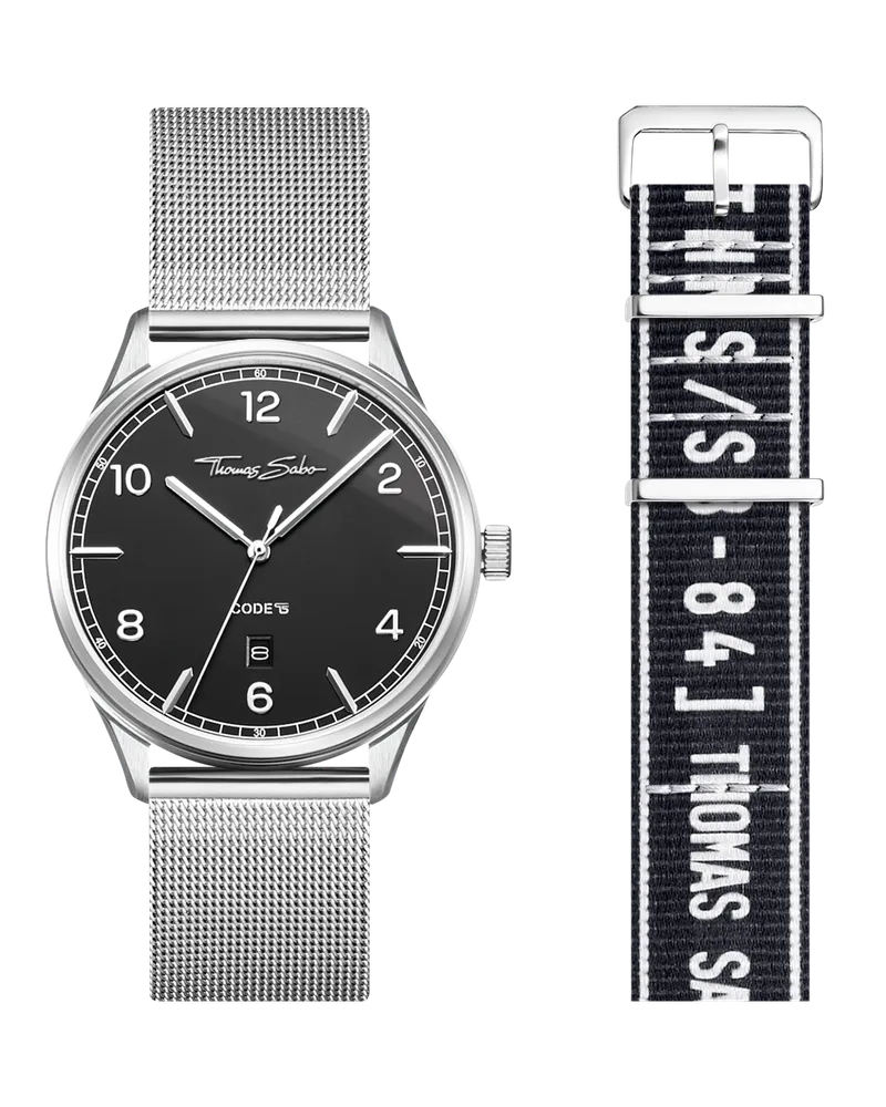 Thomas Sabo Set Code TS schwarze Uhr und schwarzes Urban Armband silberfarben schwarz/ weiß SET0589-201-18-40 MM Mattschwarz
