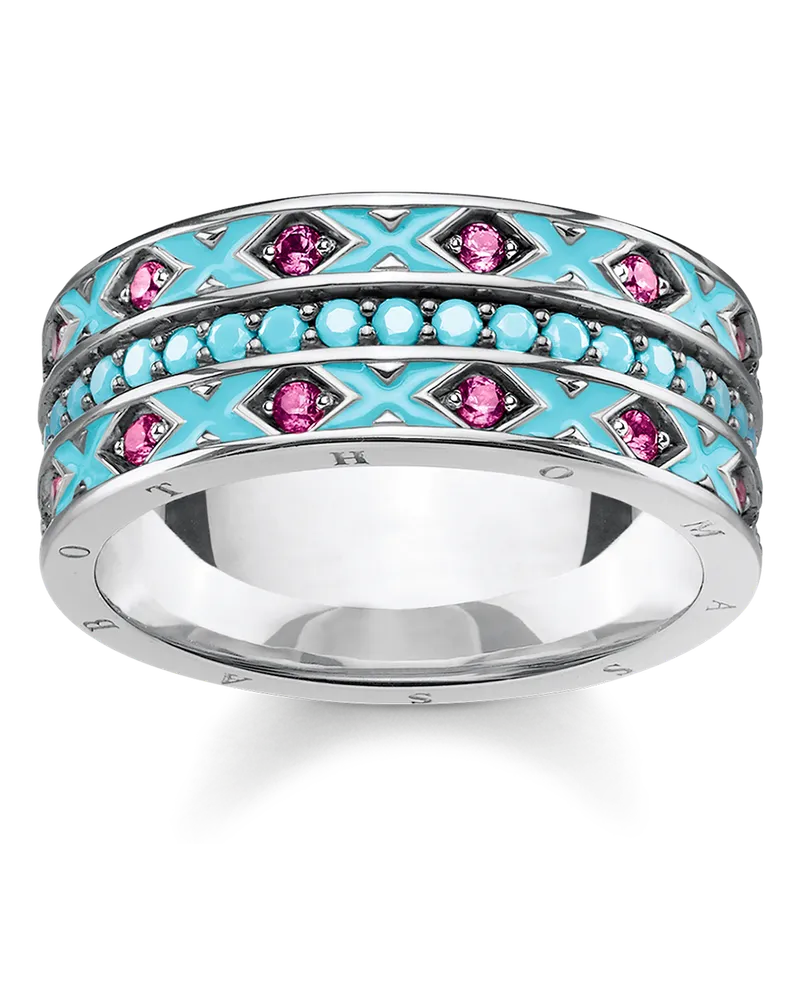 Thomas Sabo Damen Ring asiatische Ornamente, 925 Sterlingsilber geschwärzt/ Glas-Keramik Stein/ Kaltemail/ synthetischer Korund Rot