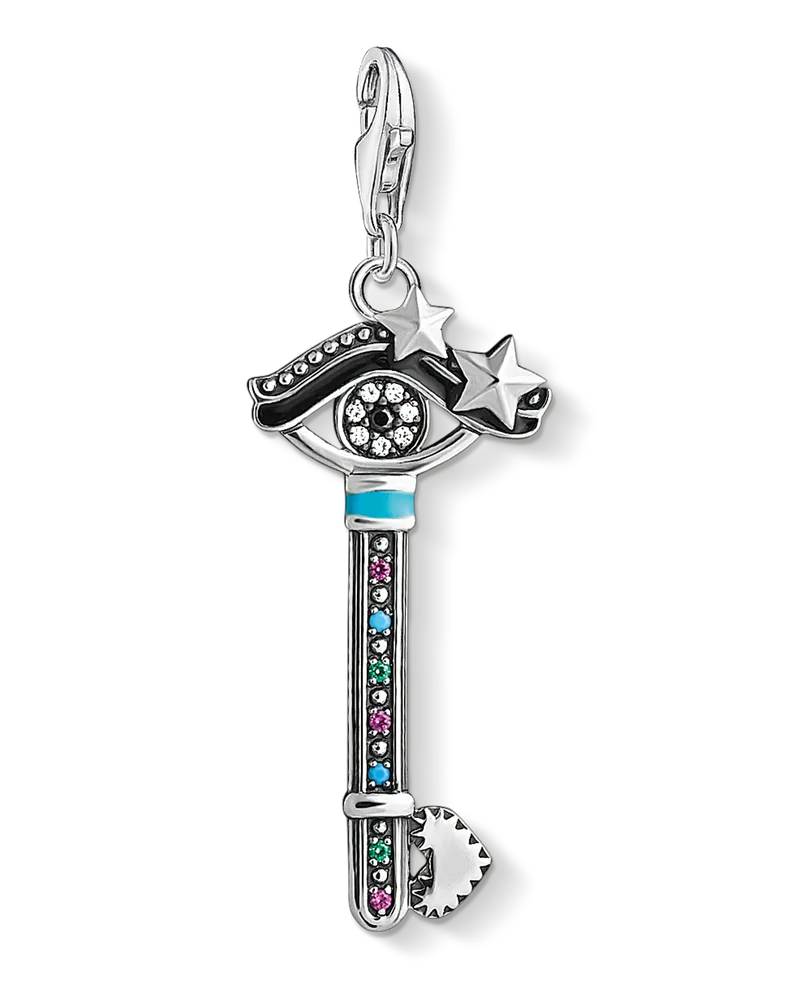 Thomas Sabo Damen Charm-Anhänger Schlüssel zum Herzen, 925 Sterlingsilber geschwärzt/ Glas-Keramik Stein/ Kaltemail/ synthetischer Korund/ Zirkonia, Charm Club Collection Grün
