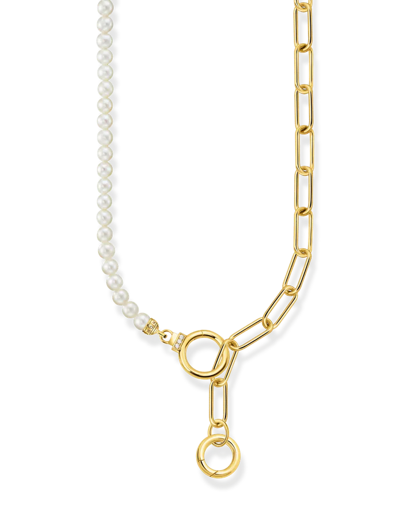 Thomas Sabo Damen Collier aus Süßwasserzuchtperlen und Gliederkette mit weißen Steinen vergoldet, Sterlingsilber Gelbgold vergoldet Gelbgoldfarben