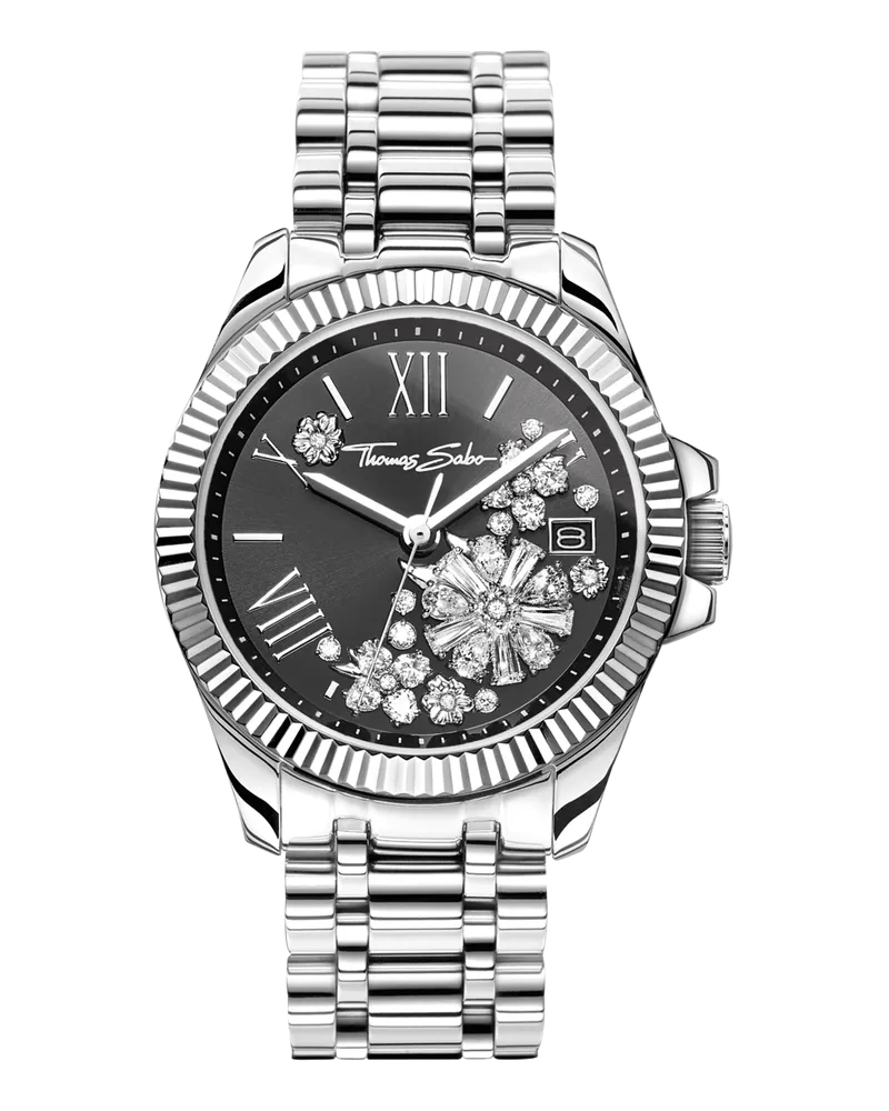 Thomas Sabo Damen Damenuhr mit schwarzem Zifferblatt und weißen Blumen silberfarben, Edelstahl Schwarz