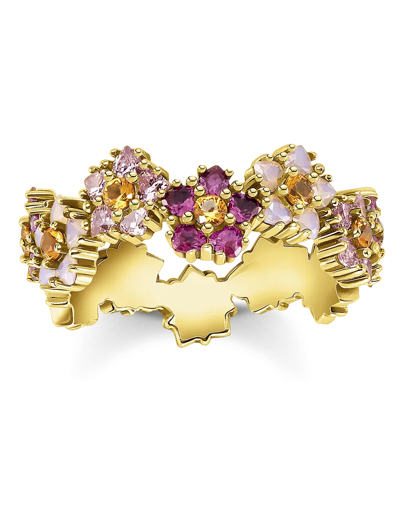 Thomas Sabo Damen Ring Blumen farbige Steine gold, 925 Sterlingsilber vergoldet Gelbgold/ Glas-Keramik Stein/ synthetischer Korund/ Zirkonia Gelbgoldfarben