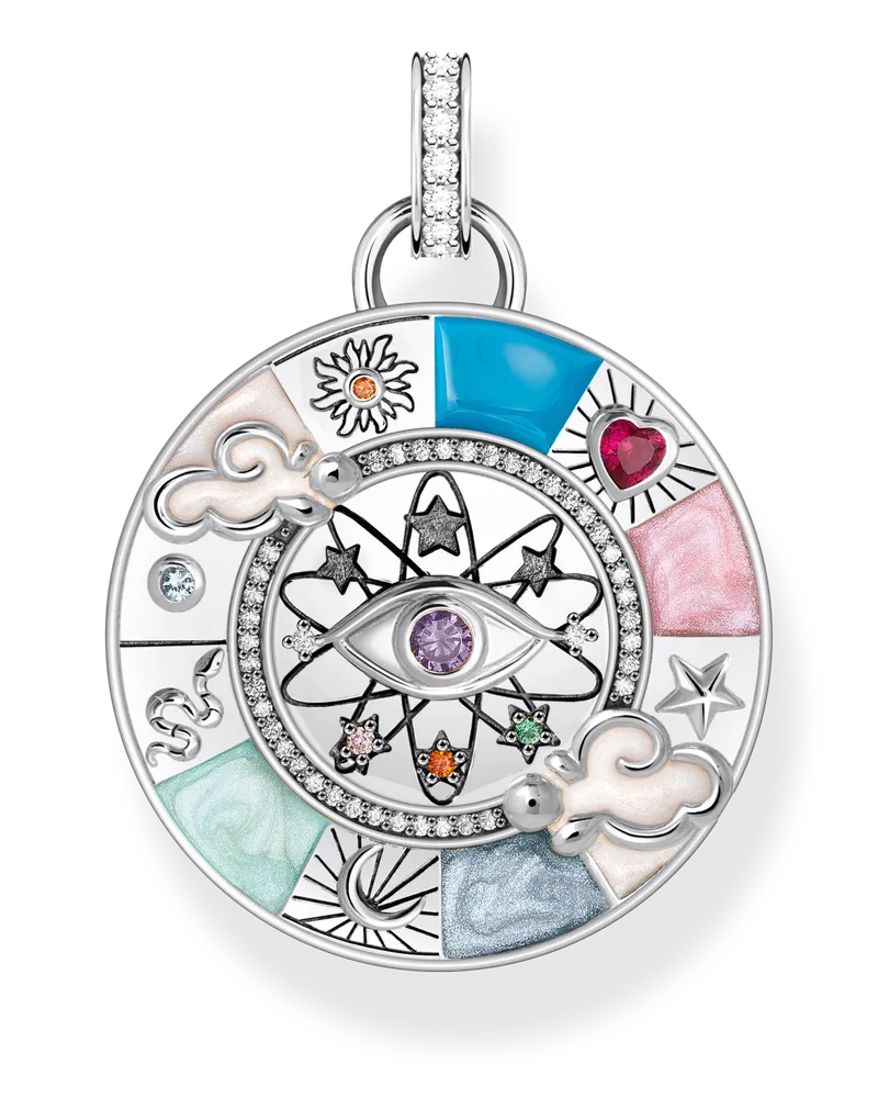 Thomas Sabo Damen Kettenanhänger Glücksrad mit kosmischen Symbolen Silber, 925 Sterlingsilber geschwärzt/ Glas-Keramik Stein/ Kaltemail/ synthetischer Korund/ Zirkonia Blau