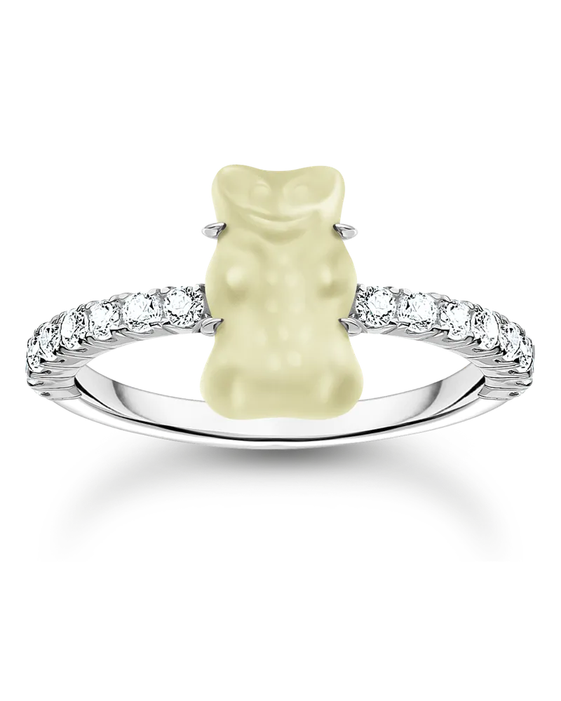 Thomas Sabo Damen Ring mit weißem Mini-Goldbären und Steinen Silber, Sterlingsilber / Glas Silberfarben