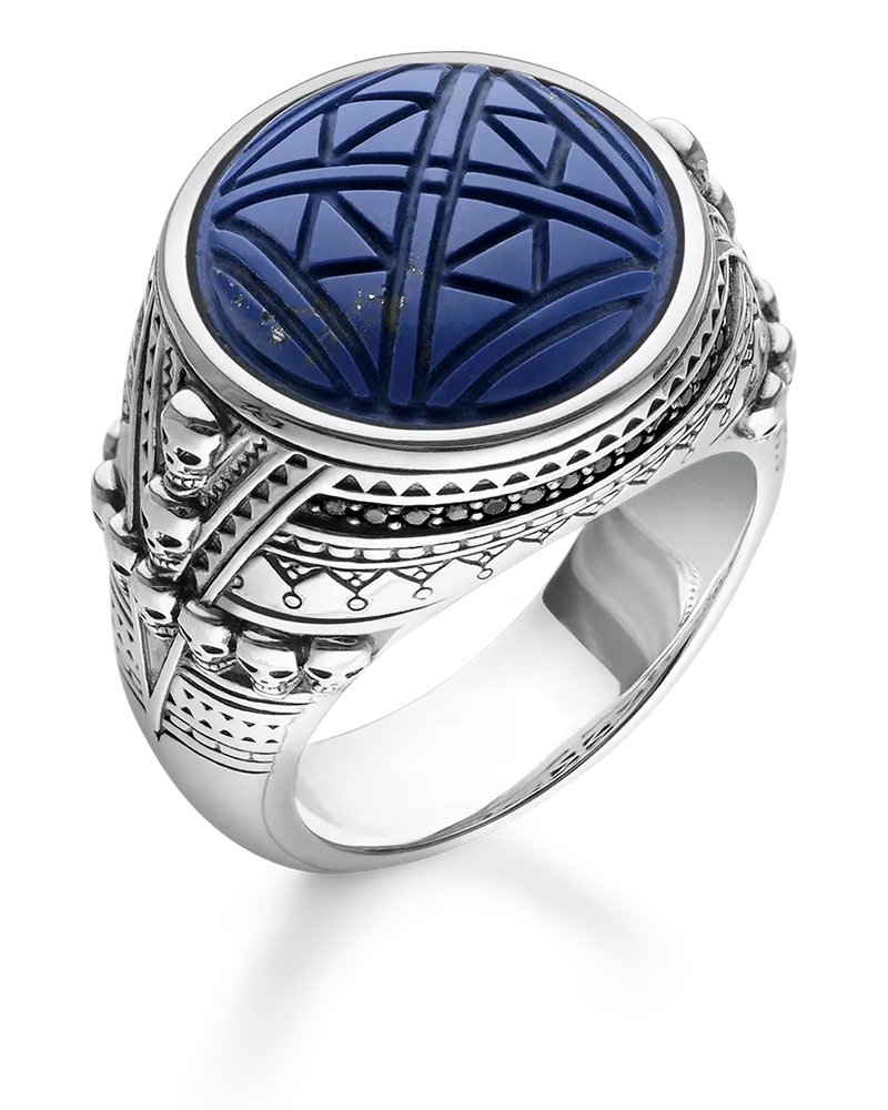 Thomas Sabo Herren Ring Ethno Totenköpfe blau, Sterlingsilber geschwärzt Blau