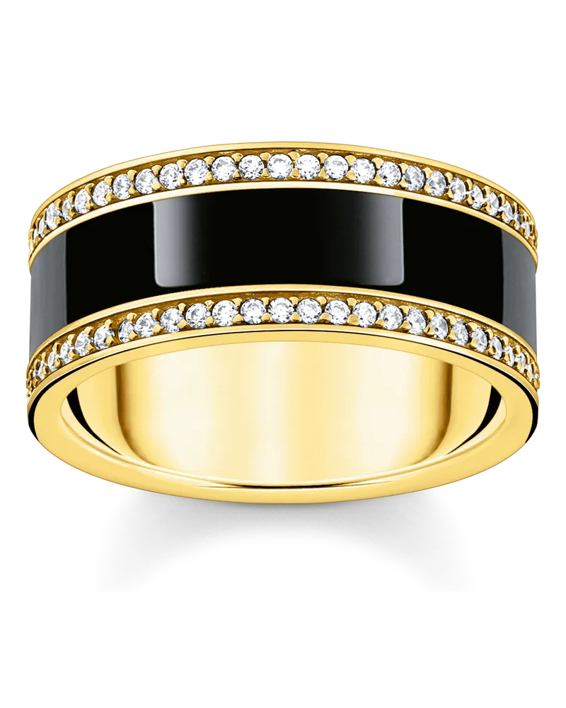 Thomas Sabo Damen Bandring mit schwarzer Kaltemaille und weißen Steinen vergoldet, Sterlingsilber Gelbgold vergoldet Gelbgoldfarben