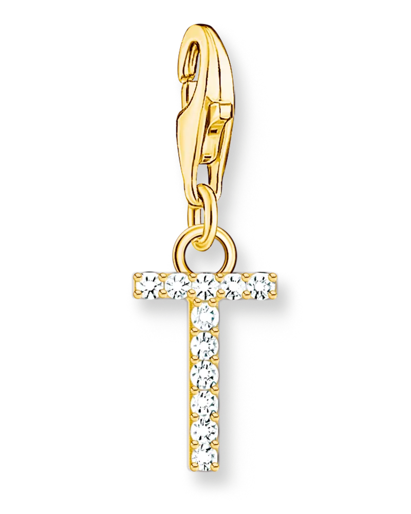 Thomas Sabo Damen Charm-Anhänger Buchstabe T mit weißen Steinen vergoldet, Sterlingsilber Gelbgold vergoldet, Charm Club Collection Gelbgoldfarben