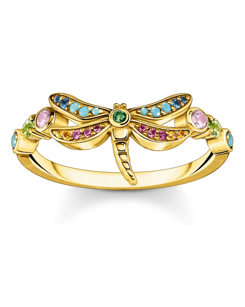Thomas Sabo Damen Ring Libelle mit bunten Steinen gold, Sterlingsilber Gelbgold vergoldet Blau