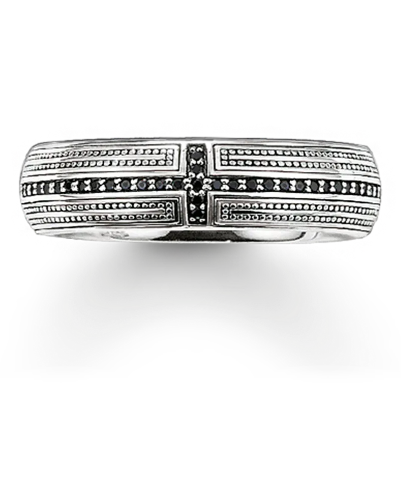 Thomas Sabo Herren Bandring Kreuz Pavé, Sterlingsilber Schwarz