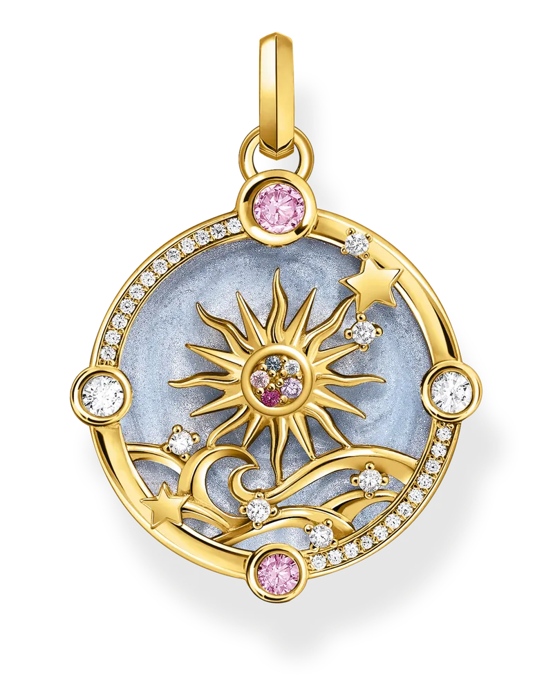 Thomas Sabo Damen Kettenanhänger blau mit Sonne und bunten Steinen vergoldet, 925 Sterlingsilber vergoldet Gelbgold/ Glas-Keramik Stein/ Kaltemail/ synthetischer Korund/ Zirkonia Blau