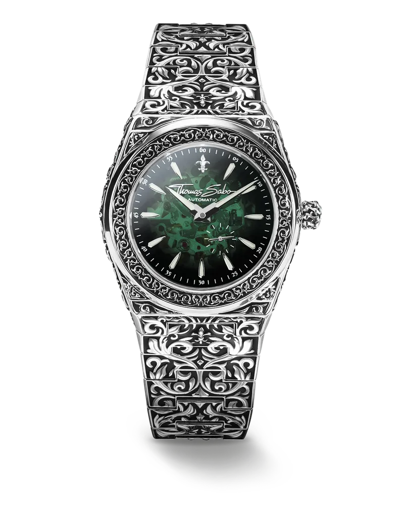 Thomas Sabo Herren Uhr Rebel at Heart Revive Automatik 42mm Edelstahl Dunkelgrün Silber, Edelstahl Grün