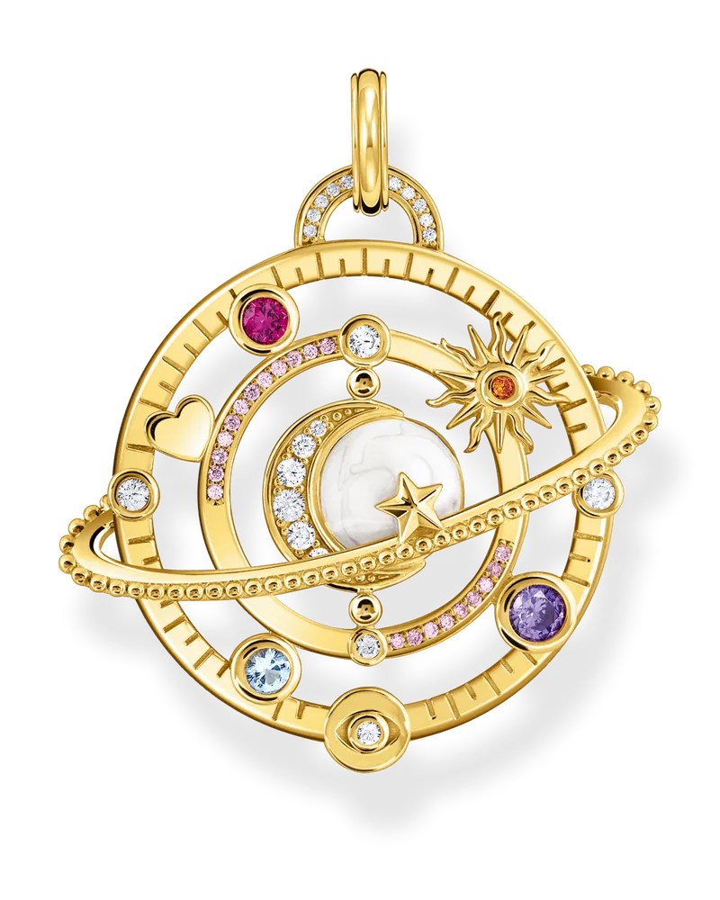 Thomas Sabo Damen Kettenanhänger mit Planetenring und bunten Steinen vergoldet, Sterlingsilber Blau