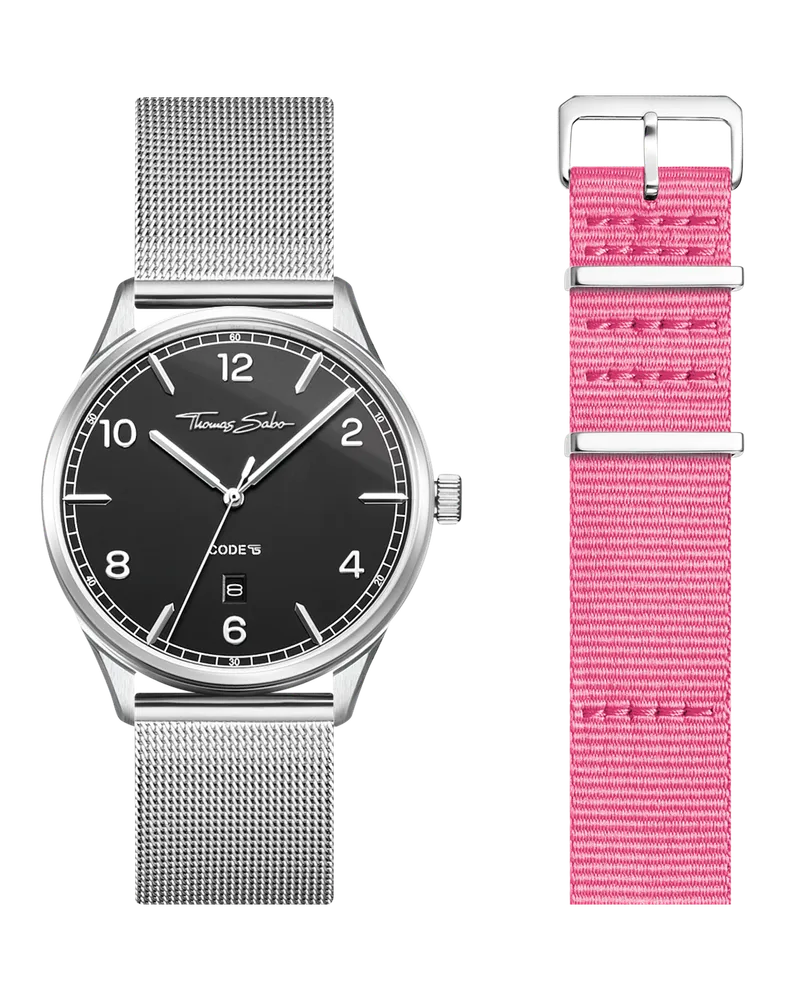 Thomas Sabo Set Code TS schwarze Uhr und pinkes Armband silberfarben pink SET0576-201-9-40 MM Mattschwarz