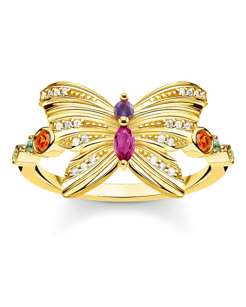 Thomas Sabo Damen Ring Schmetterling gold, 925 Sterlingsilber vergoldet Gelbgold/ Glas-Keramik Stein/ synthetischer Korund/ Zirkonia Blau