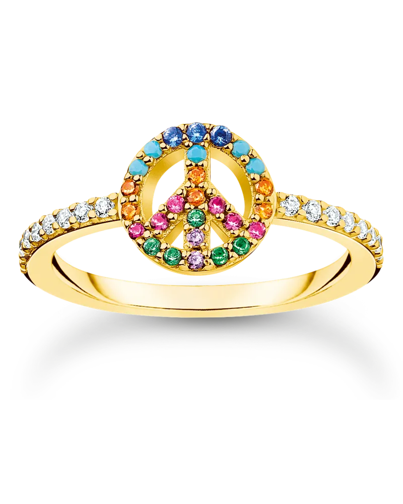 Thomas Sabo Damen Ring Peace mit bunten Steinen gold, 925 Sterlingsilber vergoldet Gelbgold/ Glas-Keramik Stein/ synthetischer Korund/ Zirkonia, Charming Collection Blau