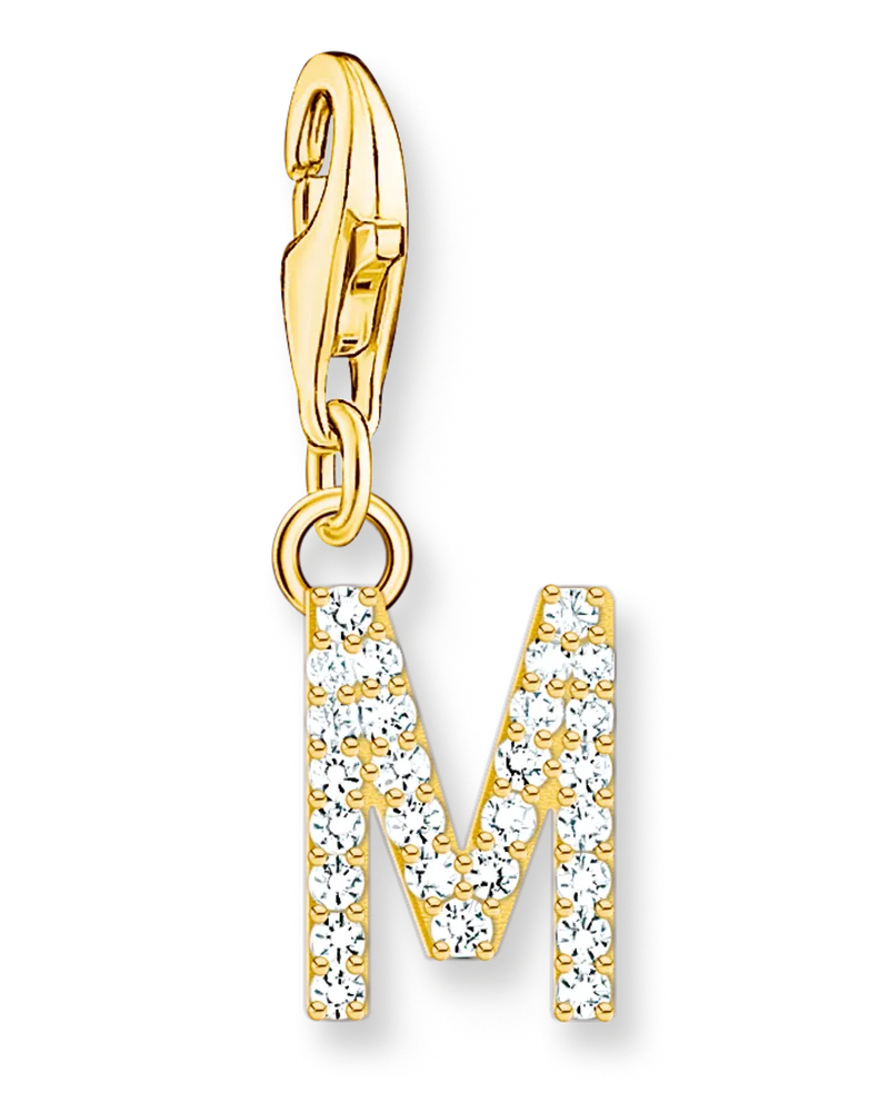 Thomas Sabo Charm-Anhänger Buchstabe M mit weißen Steinen vergoldet Gelbgoldfarben