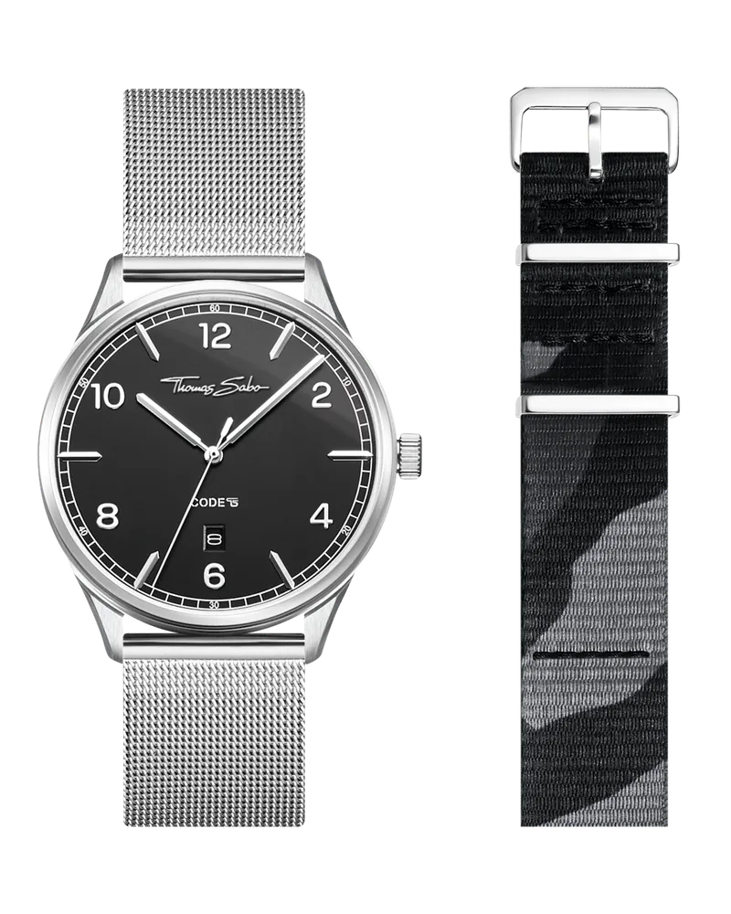 Thomas Sabo Set Code TS schwarze Uhr und Camouflage Armband silberfarben schwarz/ grau SET0580-201-30-40 MM Mattschwarz