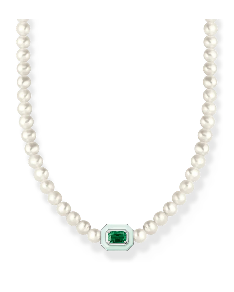 Thomas Sabo Damen Choker mit weißen Perlen und grünem Stein, Sterlingsilber, Charming Collection Grün