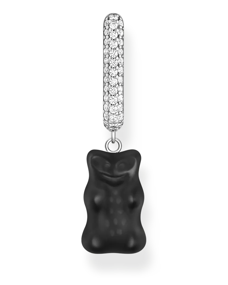 Thomas Sabo Damen Einzel-Creole mit schwarzem Goldbären-Anhänger in Midiversion und Steinen Silber, Sterlingsilber / Glas Schwarz