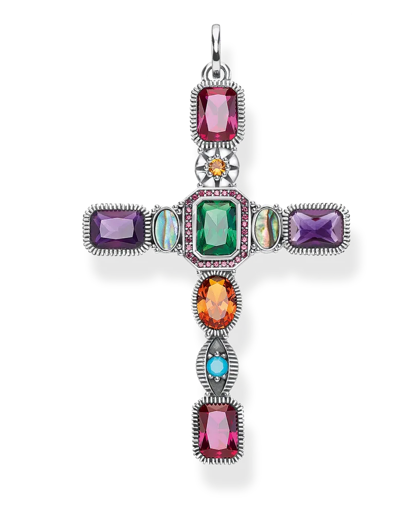 Thomas Sabo Damen Anhänger Kreuz farbige Steine, Sterlingsilber geschwärzt Grün