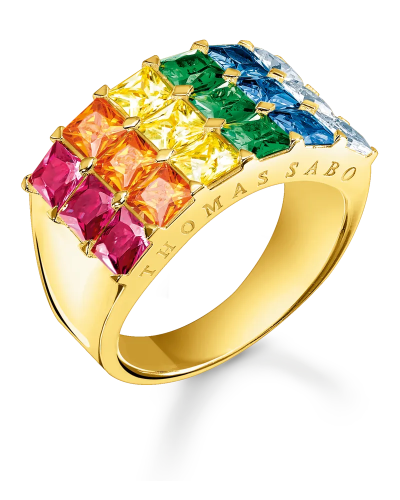 Thomas Sabo Damen Ring bunte Steine Pavé gold, Sterlingsilber Gelbgold vergoldet Blau