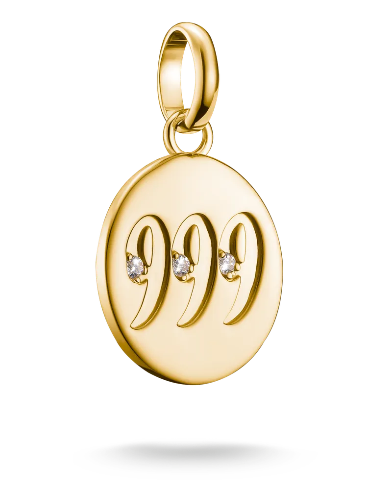 Thomas Sabo Damen Charm-Anhänger Engelzahl 999 mit Steinen Connect vergoldet mit Gravur, Sterlingsilber Gelbgold vergoldet Gelbgoldfarben