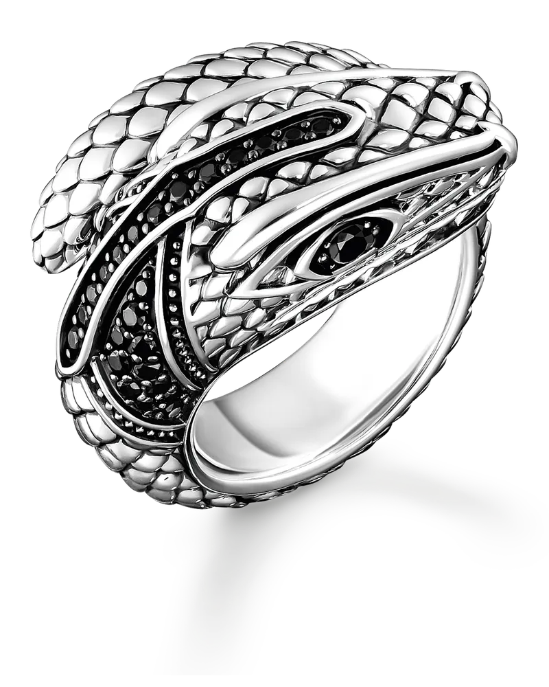 Thomas Sabo Herren Schlangenring mit schwarzen Steinen Silber, Sterlingsilber Schwarz
