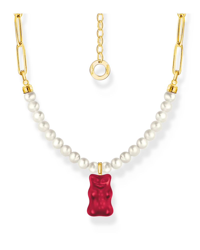 Thomas Sabo Damen Gliederkette mit rotem Goldbären-Anhänger und Perlen vergoldet, Sterlingsilber Gelbgold vergoldet Gelbgoldfarben
