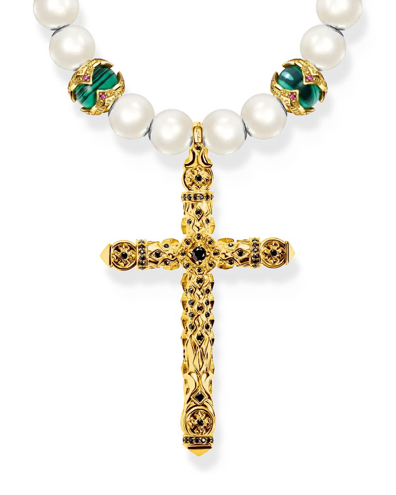 Thomas Sabo Herren Kette aus verschiedenen Beads mit Kreuzanhänger vergoldet, Sterlingsilber Gelbgold vergoldet Gelbgoldfarben