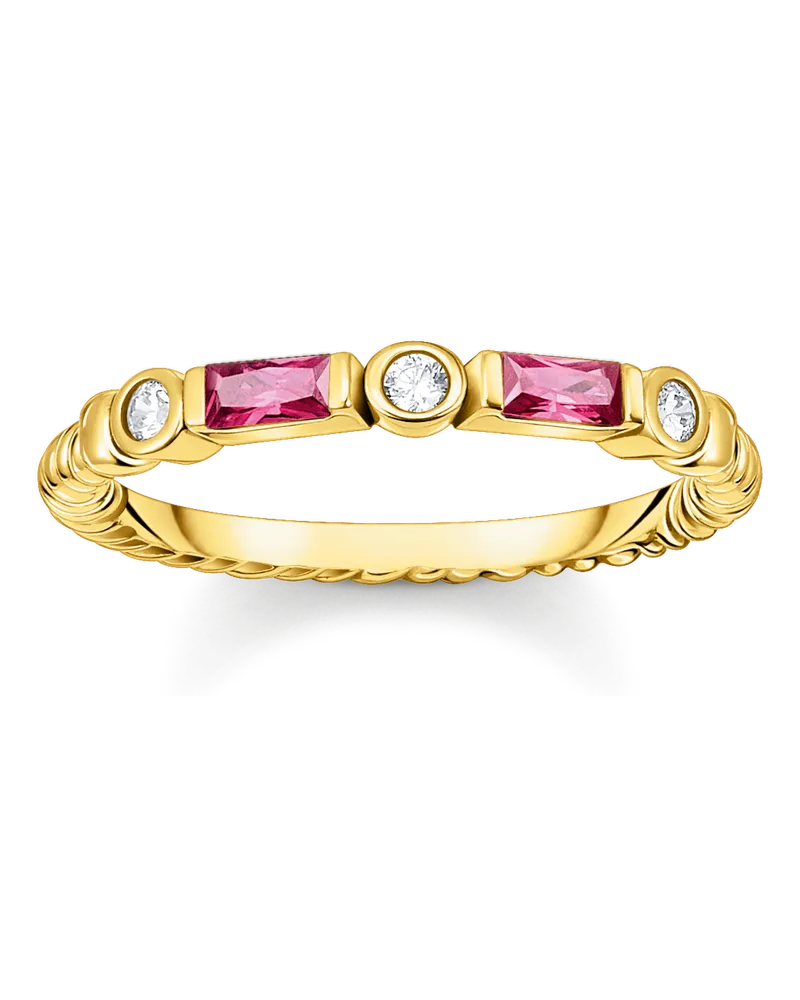 Thomas Sabo Damen Bandring Kordel mit roten und weißen Steinen vergoldet, Sterlingsilber Gelbgold vergoldet Gelbgoldfarben