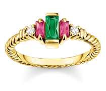 Ring Kordel mit grünen und roten Steinen vergoldet
