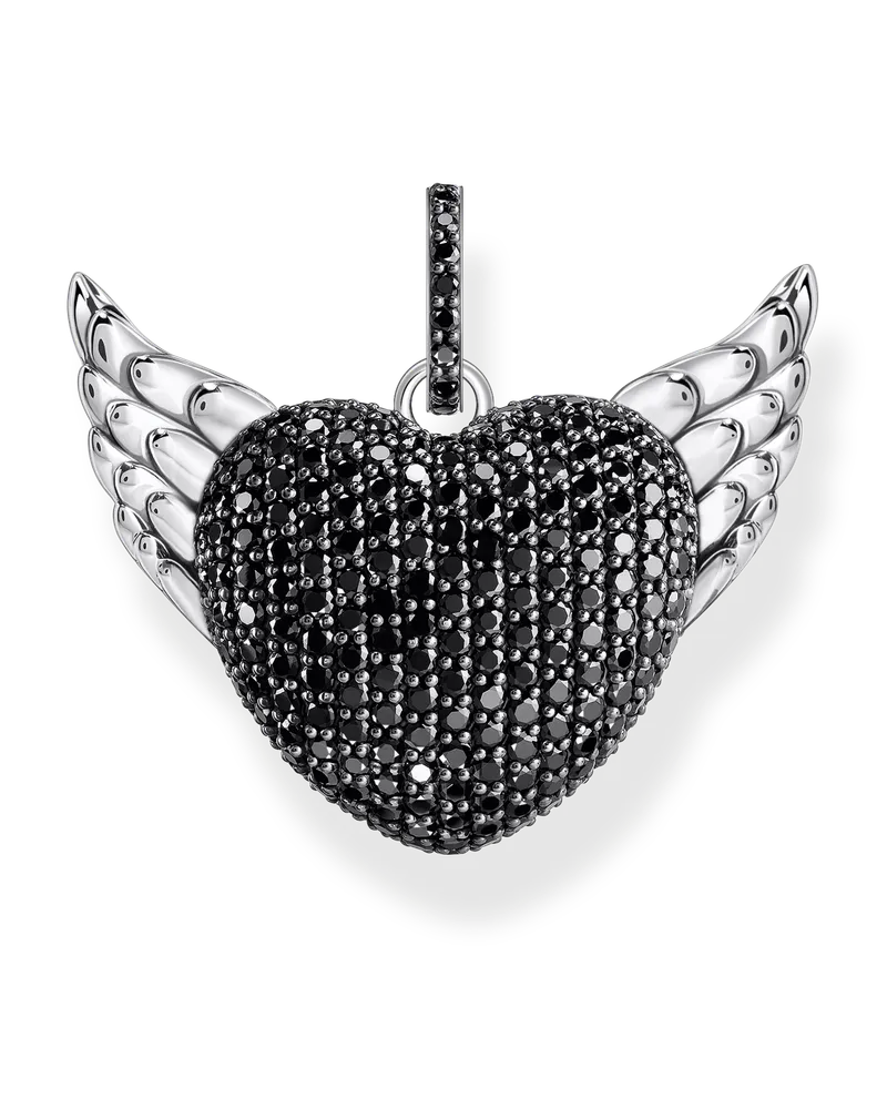 Thomas Sabo Damen Anhänger Herz mit Flügeln und schwarzen Steinen Silber geschwärzt, Sterlingsilber Schwarz